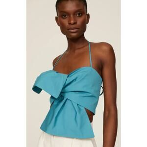 Bassike 1/Small Knotted Poplin Crop Top Blue Cotton Halter Neck Sleeveless
